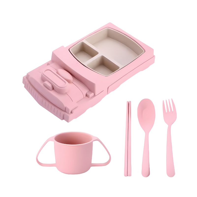 Toddler plate, car themed, in pink, with deep sections to keep foods separated, fun mealtime.
