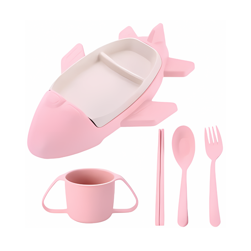 Toddler plate, plane themed, in green, with deep sections to keep foods separated, fun mealtime.