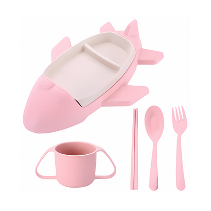 Toddler plate, plane themed, in green, with deep sections to keep foods separated, fun mealtime.