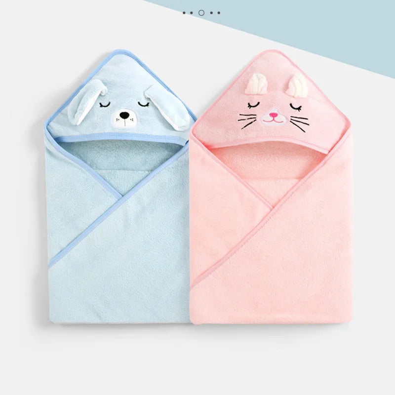 Close-up of pink cat baby hooded towel texture, soft cotton for newborn comfort