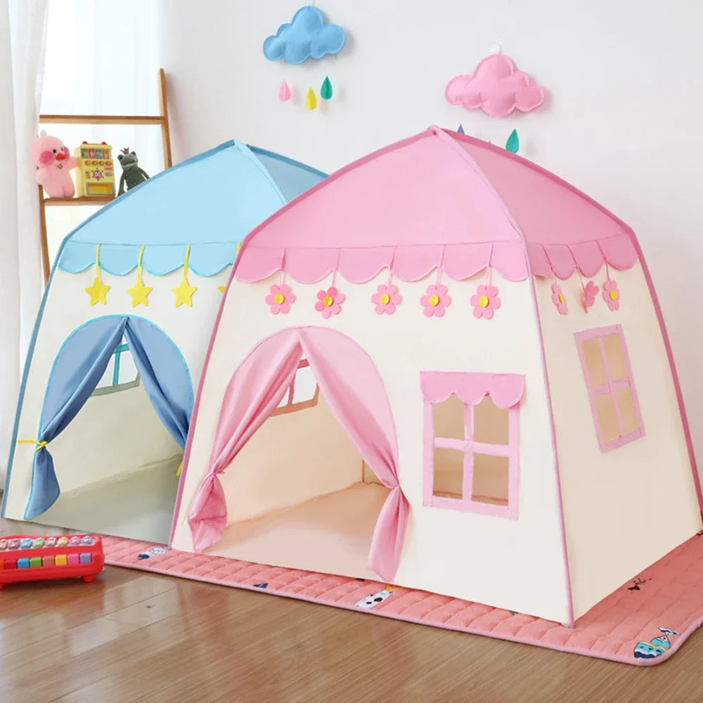 Pink children's foldable princess play tent castle with flags, perfect for indoor imaginative play