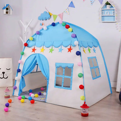 Blue collapsible kids playhouse tent with star details, great for outdoor activity toys