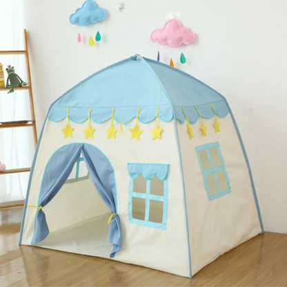 Portable princess playtent, a vibrant pink and blue castle for kids' activity and role-play