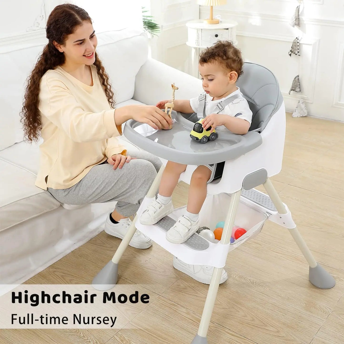 Close-up of detachable tray on a 2-in-1 baby high chair, highlighting easy clean feature