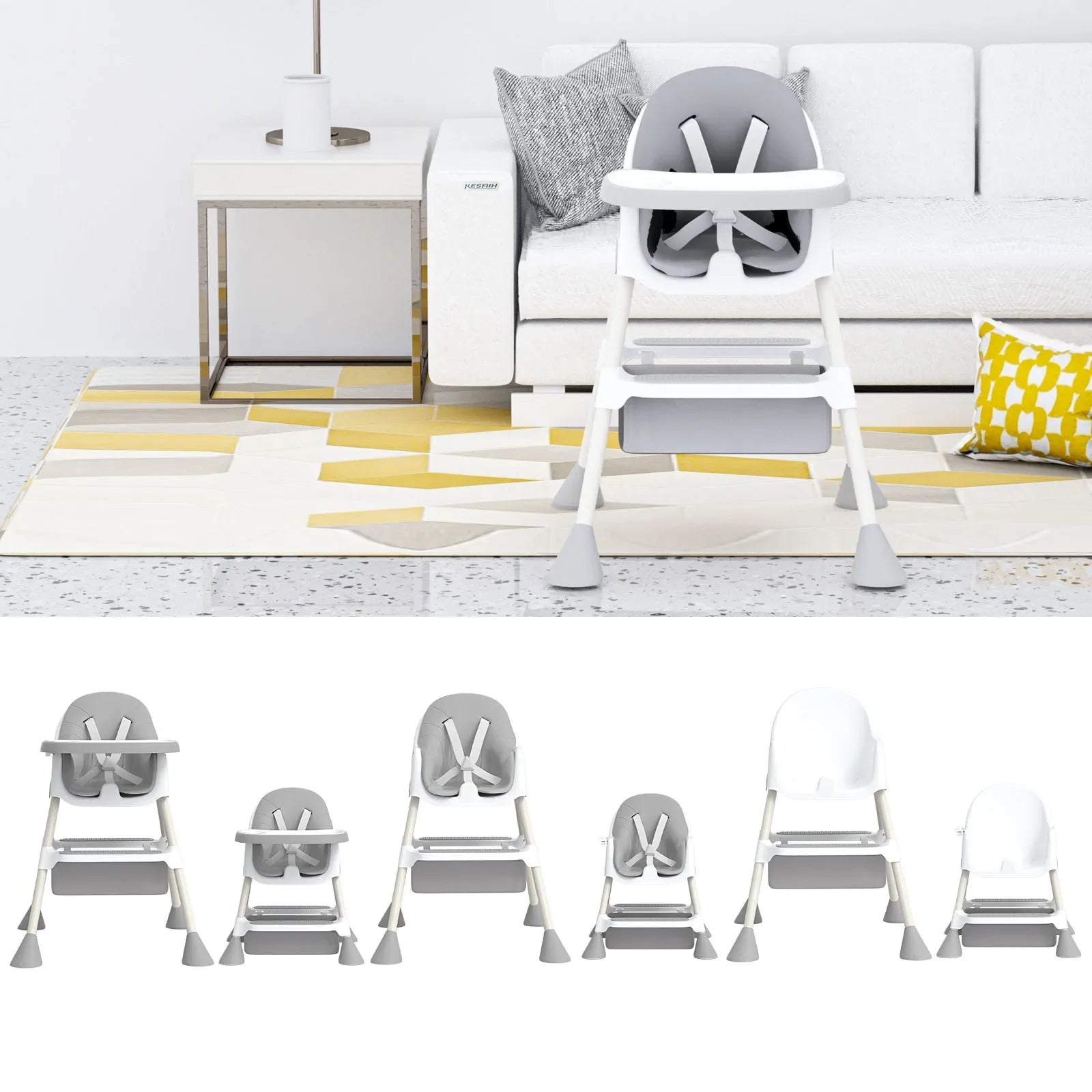 Versatile grey baby high chair converting into a standalone toddler seat for growing kids