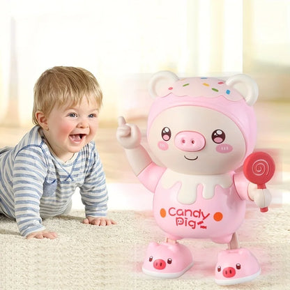 Pink electronic dancing pig toy with lights and music, perfect for toddlers' fun play.