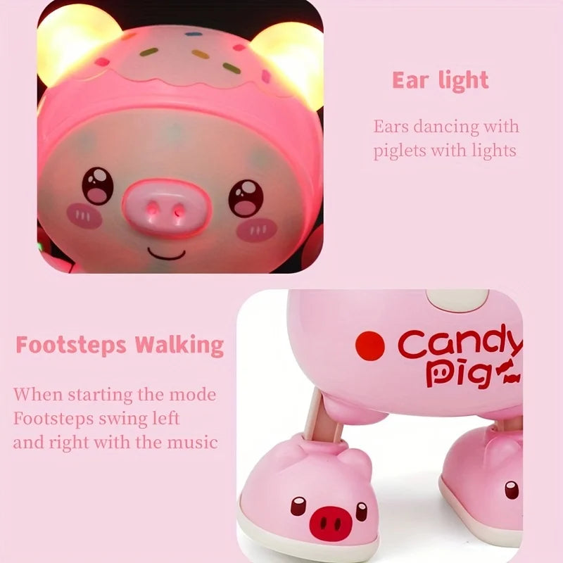 Electronic dancing pig toy with music notes and light effects, a sensory toddler toy.