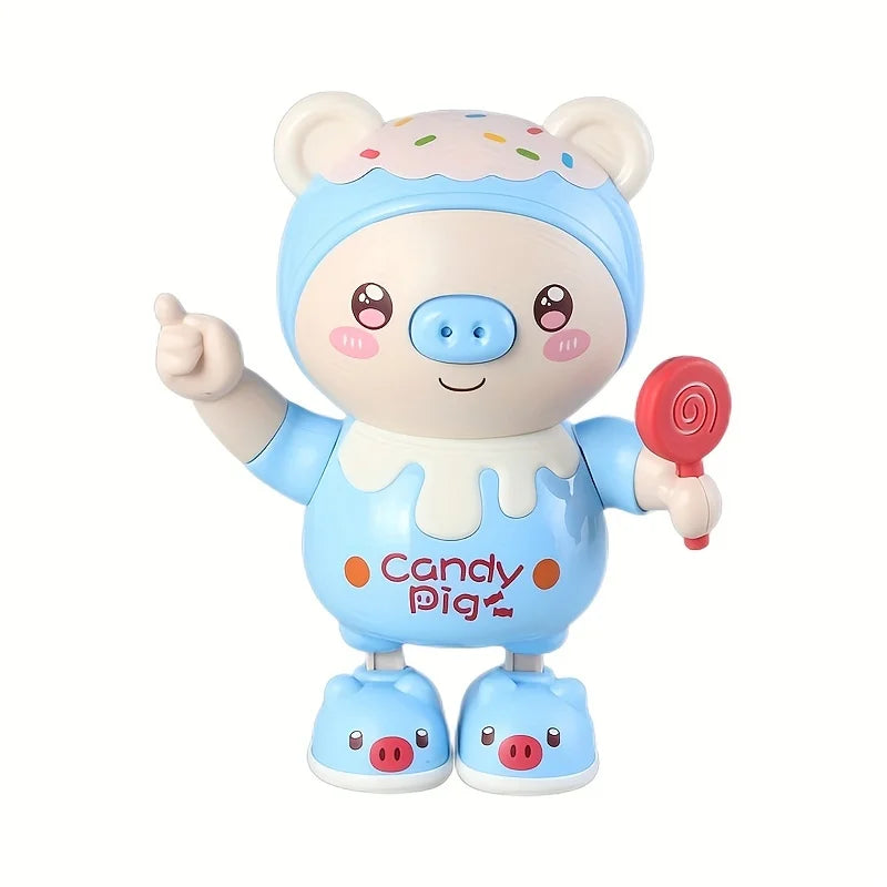 Kids' electronic dancing pig at night, showcasing its captivating light display.