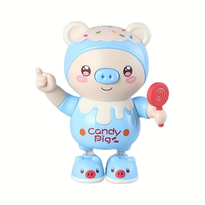 Kids' electronic dancing pig at night, showcasing its captivating light display.