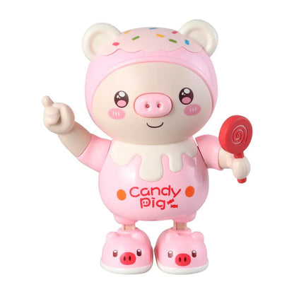 Blue electronic dancing pig toy with sound and light, ideal for baby play.