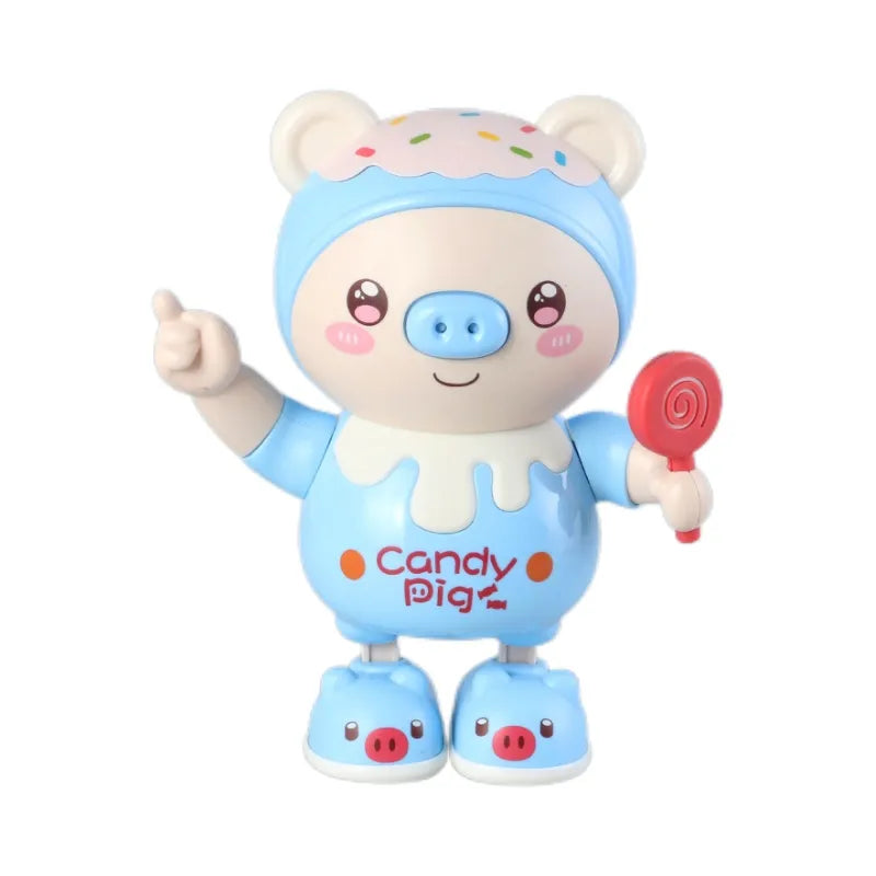 Close-up of the electronic dancing pig's face, showing its cute expression and lights.