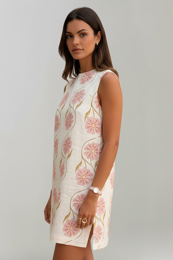 Women's pink floral print mini dress, a chic sleeveless A-line for summer. Casual fashion & vacation style.