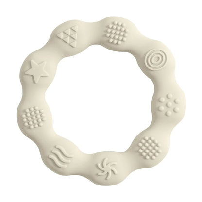 Ergonomic BPA-free silicone teether, easy for baby to grip, provides teething relief