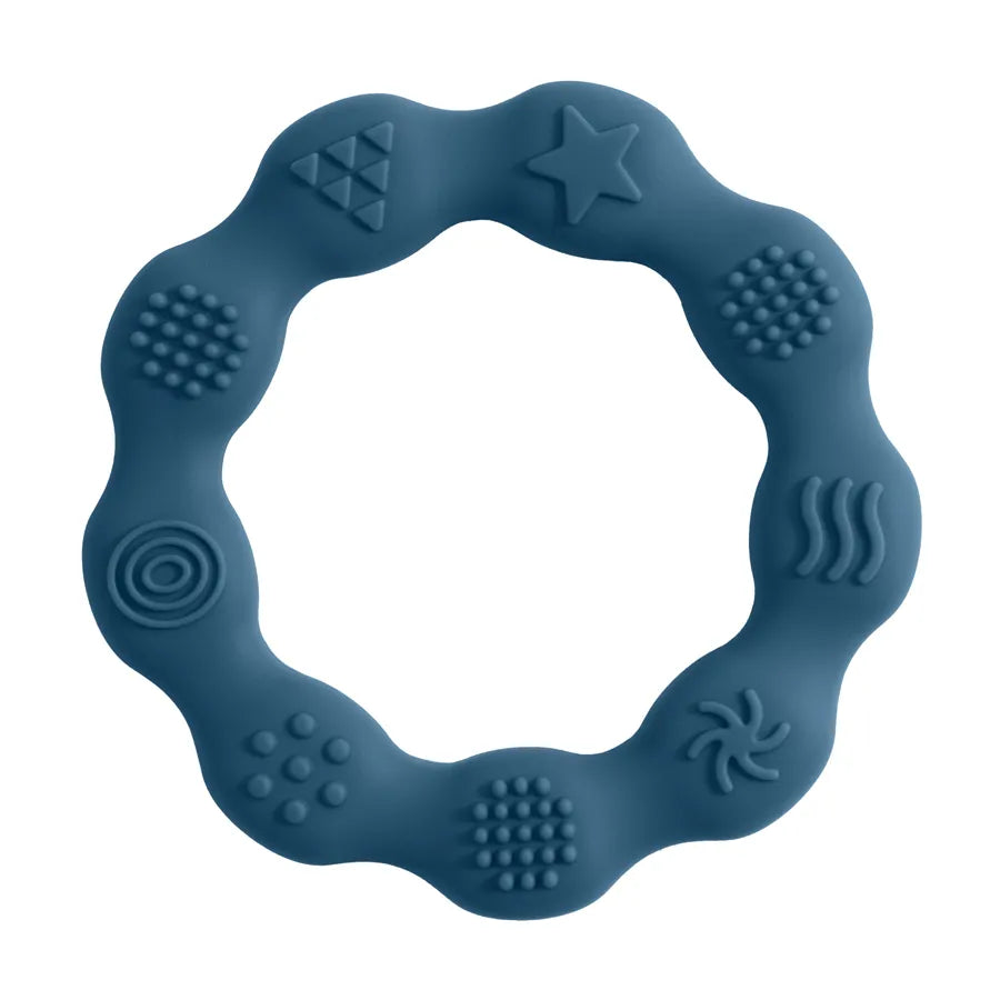 Close-up of silicone teether textures, BPA-free, for gentle gum massage and baby comfort
