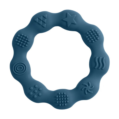Close-up of silicone teether textures, BPA-free, for gentle gum massage and baby comfort