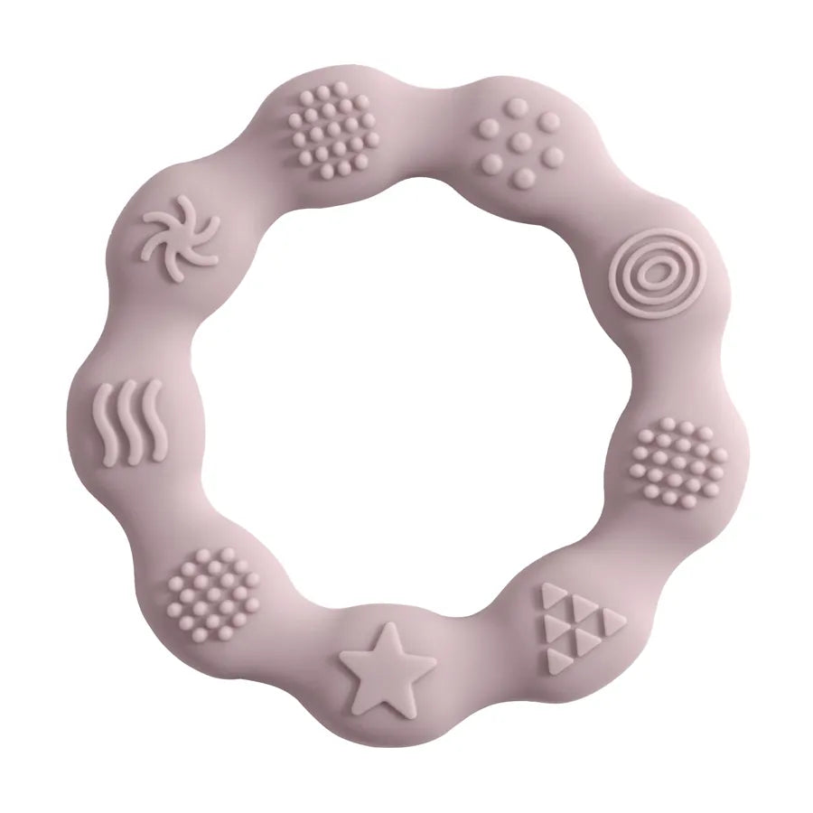 Blue silicone teether hanging from a baby's pacifier clip, BPA-free molar toy for convenience