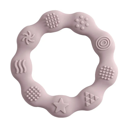 Blue silicone teether hanging from a baby's pacifier clip, BPA-free molar toy for convenience