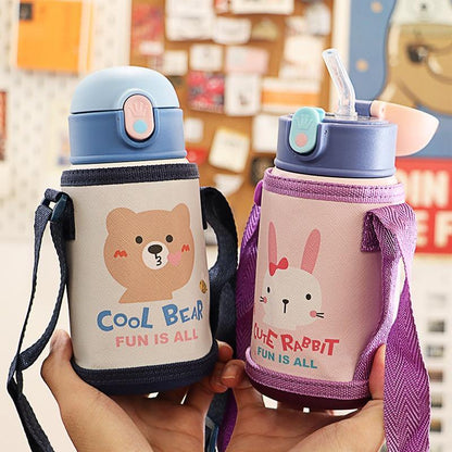 Blue leakproof stainless steel thermos for children with straw and adjustable strap