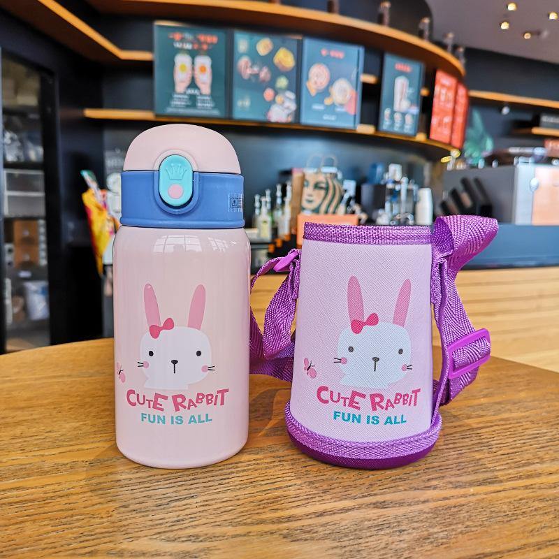 Leakproof children's thermos for school, featuring straw, strap, and vibrant color
