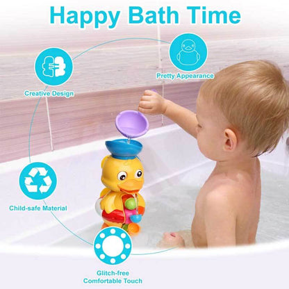Pink interactive duck bath toy for toddlers, floating in water, with sensory features