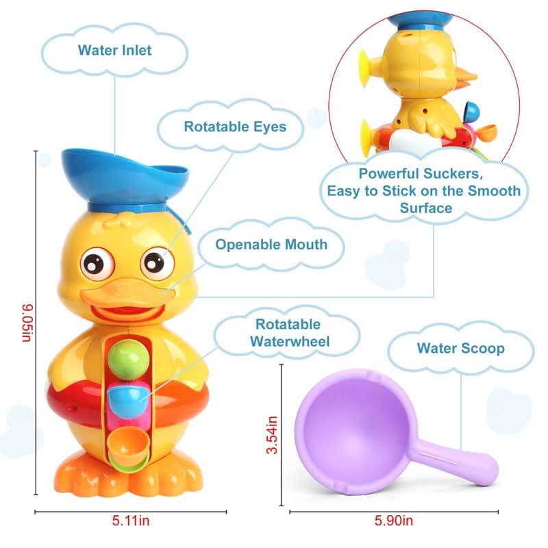 Green interactive duck bath toy for baby water play, demonstrating sensory functions
