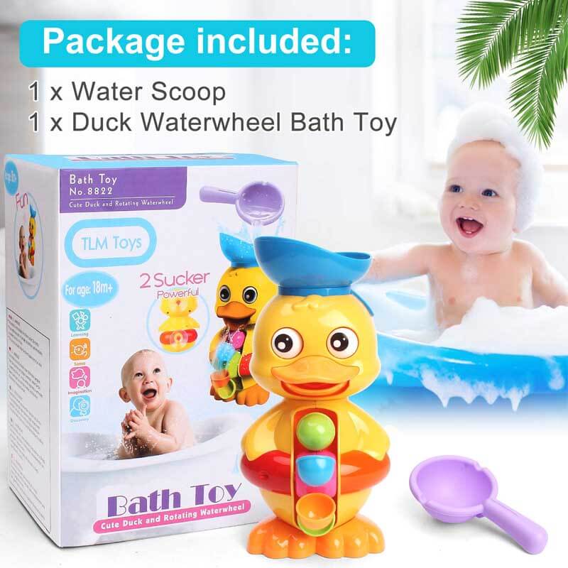 Close-up of the interactive features on a green duck bath toy for sensory play