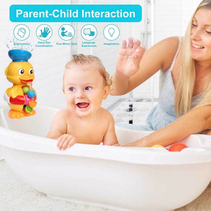 Baby reaching for a pink interactive duck bath toy during bathtime fun