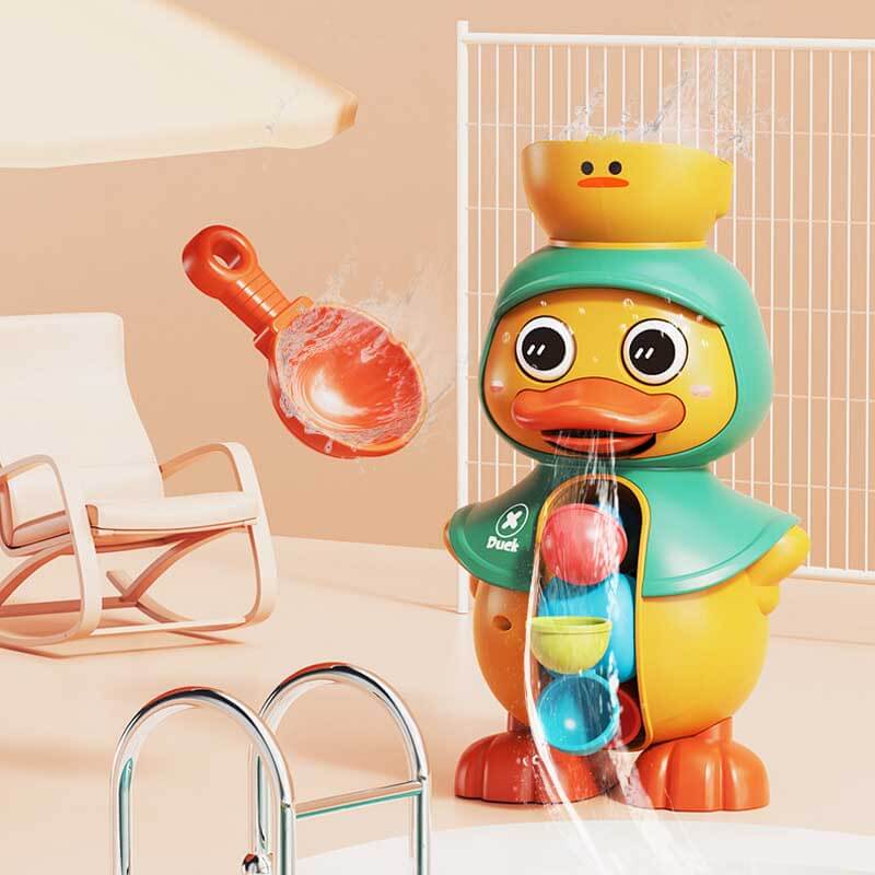 Pink interactive duck toy, designed for toddler bath and water sensory play, in bubbles