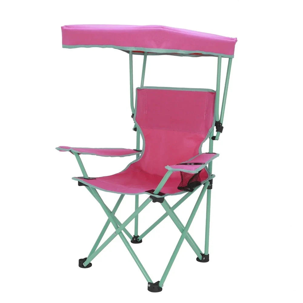 Pink kids folding canopy chair with adjustable sunshade, cup holder, perfect for outdoor use or beach.