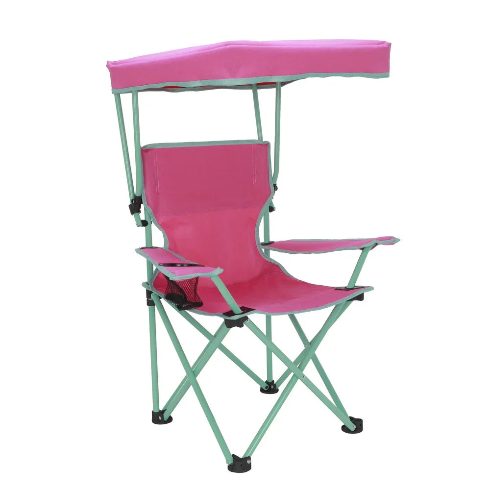 Portable pink toddler canopy chair, ideal for camping or beach, featuring sunshade and drink holder.