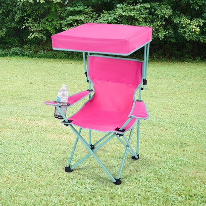 Toddler's pink folding chair with sunshade, cup holder, designed for easy transport and outdoor fun.