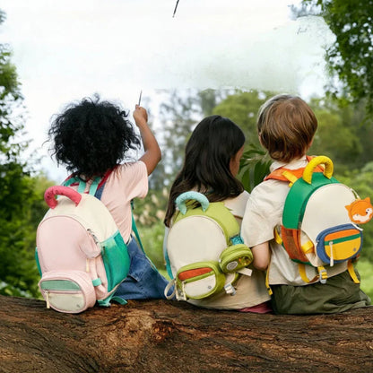 Pink kids' lightweight school backpack with bottle holder, comfortable straps, and spacious compartments.