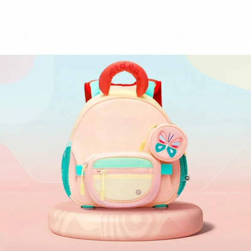Two kids' lightweight backpacks, one pink and one green, with bottle holders, perfect for school.