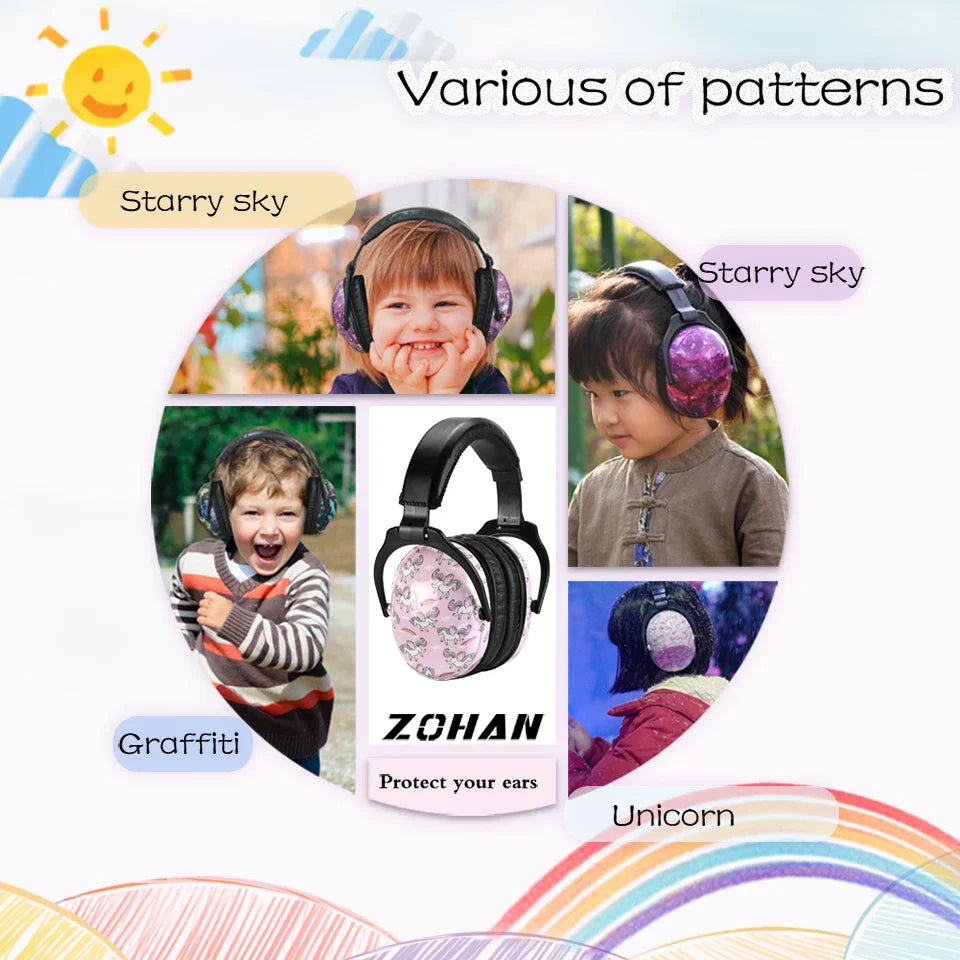 Packaging for kids noise reduction ear muffs, detailing features like baby safety & hearing protection.