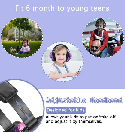 Adjustable kids noise cancelling ear muffs in purple, designed for sound protection & study aid.
