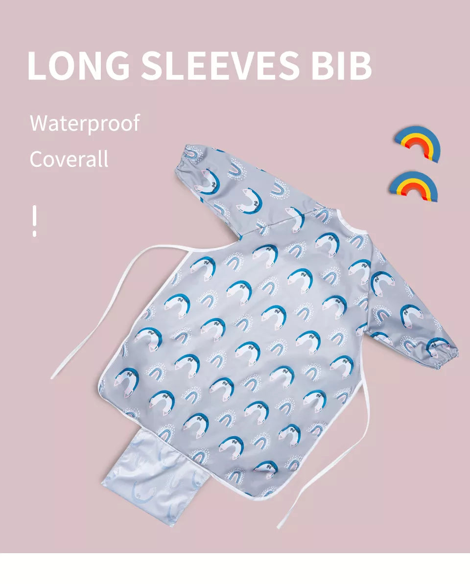 Long sleeve waterproof baby bib for boys, with fun design and food catching pocket, weaning aid