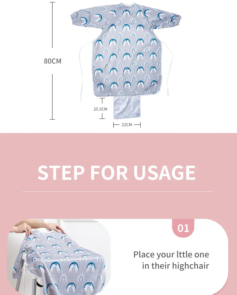Durable, easy-wipe waterproof long sleeve feeding bib with a spacious pocket for baby food