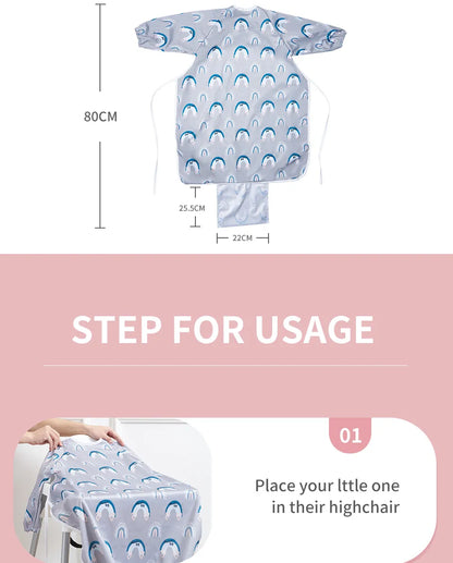 Durable, easy-wipe waterproof long sleeve feeding bib with a spacious pocket for baby food