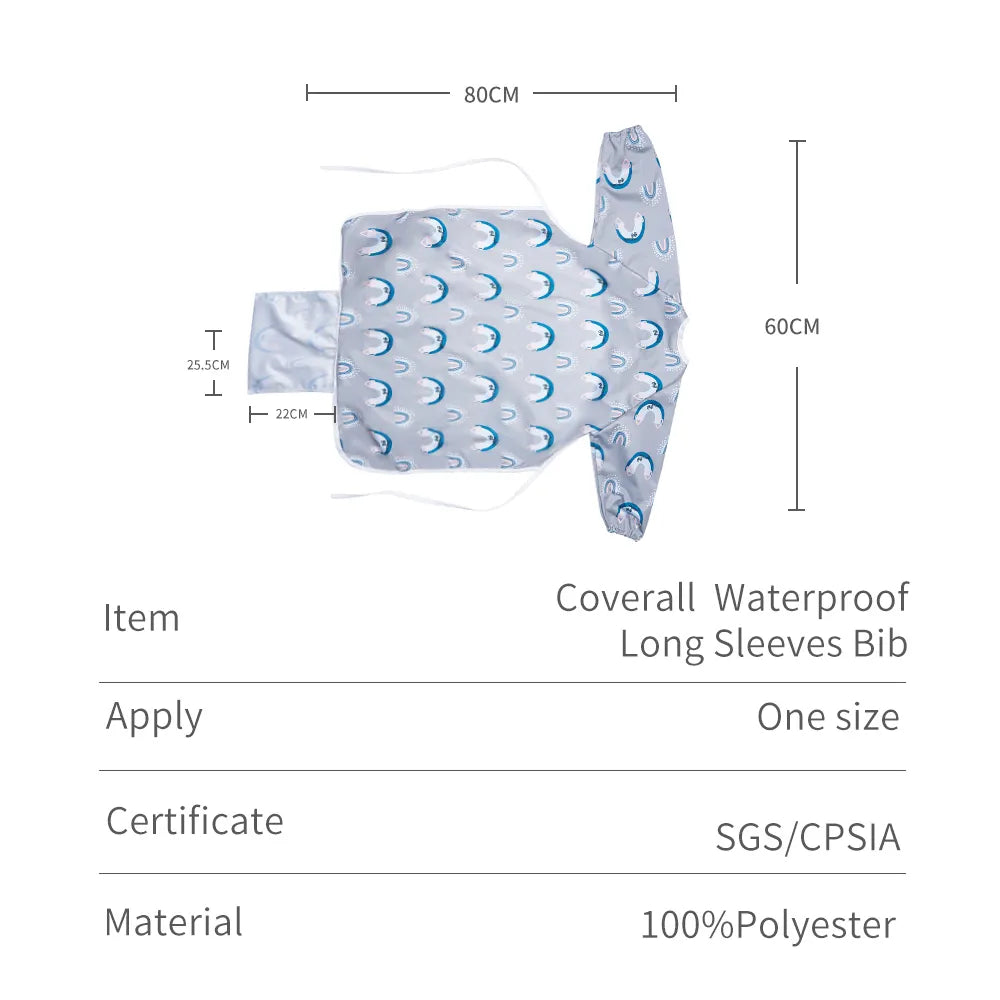 Blue waterproof long sleeve baby bib with food catching pocket for toddlers, weaning essentials