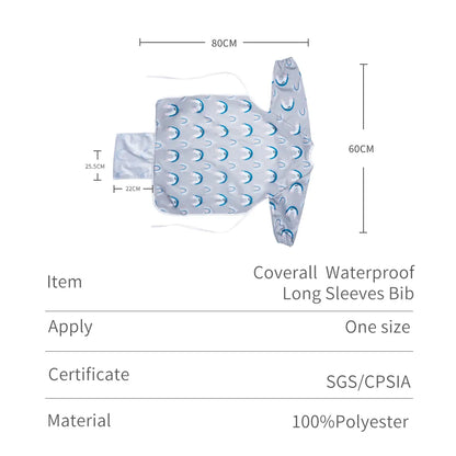 Blue waterproof long sleeve baby bib with food catching pocket for toddlers, weaning essentials