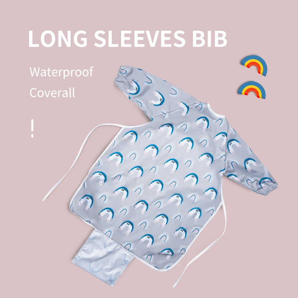White long sleeve feeding bib, waterproof & easy-clean, designed for baby and toddler meals
