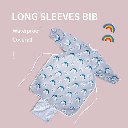 White long sleeve feeding bib, waterproof & easy-clean, designed for baby and toddler meals