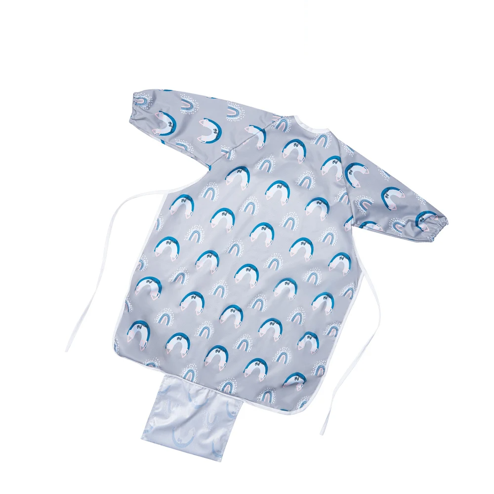Ergonomic long sleeve waterproof baby bib with adjustable neck and large food pocket