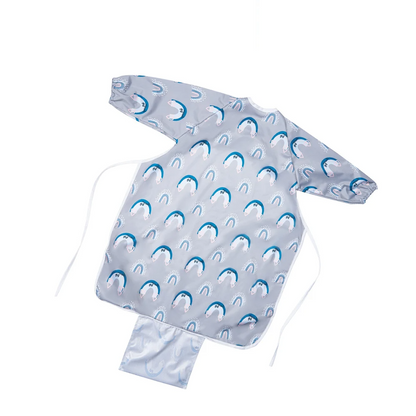 Ergonomic long sleeve waterproof baby bib with adjustable neck and large food pocket