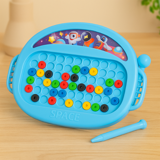 Pink magnetic drawing board with attached pen, perfect for young children's creative play and learning.