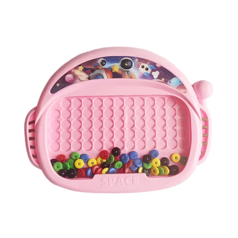 Beige magnetic drawing board with a pen, ideal for kids' artistic expression and early learning activities.