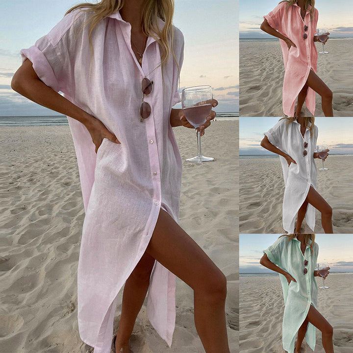 Pink oversized button down beach shirt dress with roll sleeves, perfect for summer cover-up or resort wear.