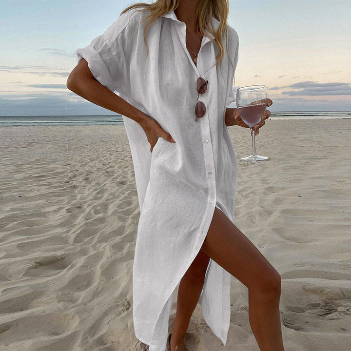 Light green women's oversized button-down shirt dress, a chic beach cover-up or casual summer tunic with roll sleeves.
