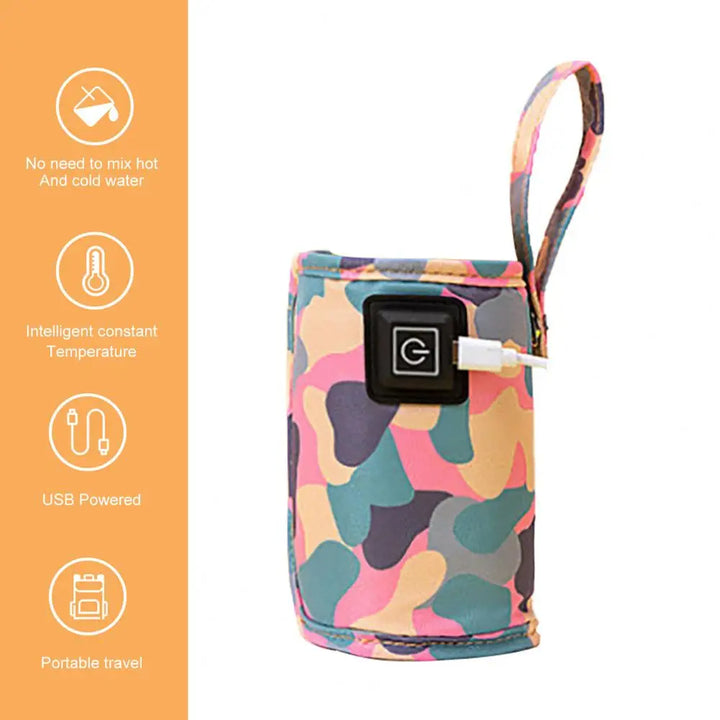 Black USB infant bottle warmer bag, travel-ready & insulated for newborn feeding.