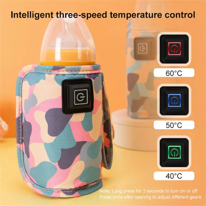 Portable USB bottle warmer bag in pink, keeps baby's milk warm on-the-go, travel essential.